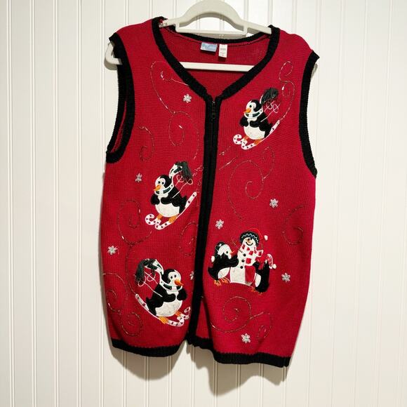Holiday Editions Red Christmas Penguin Sweater Vest Zip Up Size Large - Picture 1 of 5